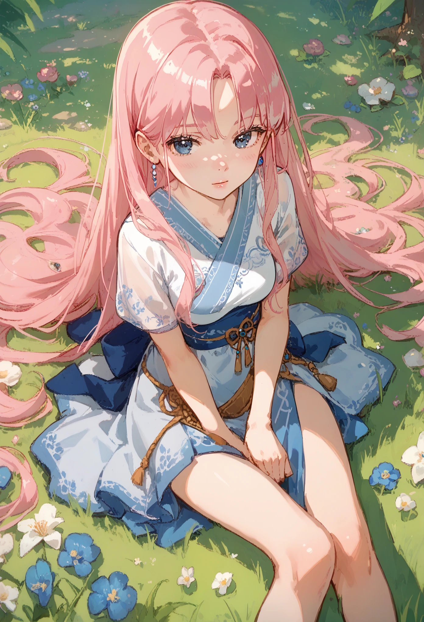 anime cloth capture, best qualityer, 8k hd, anime girl, {{smallboobs}}, pink  hair, long hair, blue colored eyes, wearing awhite dress, sitting on the grass