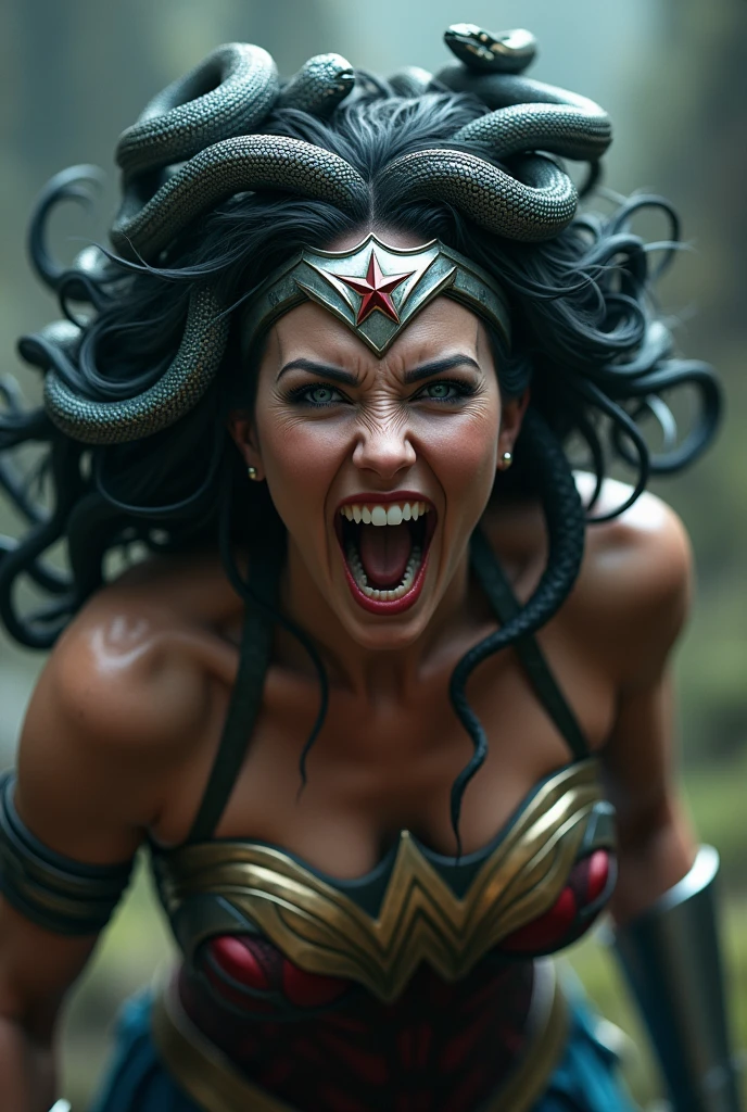 Greek mythology Medusa Wonder Woman snakes on her head (((Silver metal diadem with a red star on its front))),(((Wonder Woman Red Leather Corset Costume))),(((Scary and terrifying images this woman is screaming silver metal bracelets))),(((snake Eyes ))),(((Fangs)))