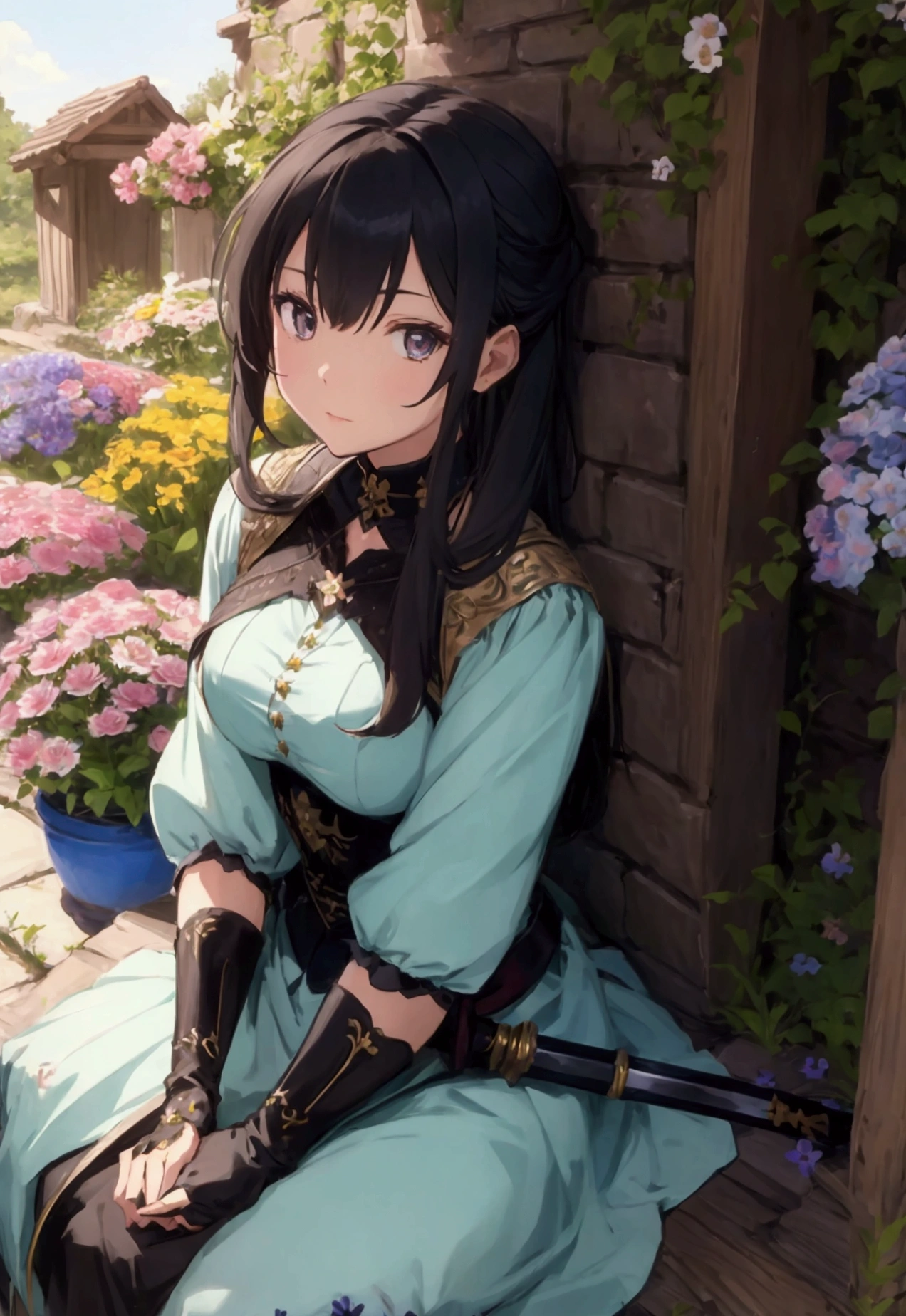 Swordswoman girl resting in a place full of flowers