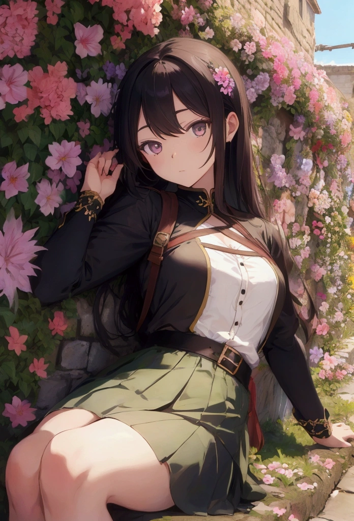 Swordswoman girl resting in a place full of flowers 