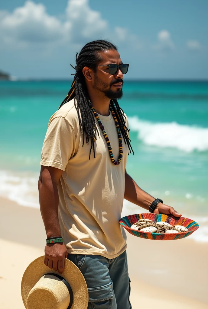 create the image of close-up of a street vendor on a beach in Venezuela. The vendor is a white American man, descendant of Spanish Canarians, with a builtfat type of body, he is a bit fat, he has slim arms, a product of sun and exercise. His face shape is rectangle type. His long, thick , straight black hair is delicately braided and adorned with fine yellow highlights that contrast with his tanned skin. His hairline type is rectangular shaped. He has Neither beard nor moustache . His eyes are protected by modern sunglasses, which give him a relaxed and carefree air. His clothing is casual and summery: beach shorts that reveal his thick and slightly muscular legs and a loose t-shirt, ideal for the tropical climate. His appearance conveys positive energy and a relaxed lifestyle. The colorful braids and handmade accessories complement his bohemian look and connected with nature. He is around 30 years old, he is an extroverted person, with a free and adventurous spirit. His job as a seller of handmade jewelry suggests an artistic sensibility and a deep respect for nature, since his products are made with organic materials such as snails. The place where he sells is a paradisiacal beach, with fine white sand, the turquoise sea stretching to the horizon. The sun shines brightly, creating a warm and welcoming atmosphere. A gentle sea breeze caresses the skin and the sound of the waves breaking on the shore accompanies the scene. The seller walks at a leisurely pace along the shore of the beach, leaving footprints in the sand. His bare feet feel the soft texture of the sand as he looks out to sea. In one hand he carries a colorful tray with his handmade creations, necklaces and shell bracelets, which he proudly displays to potential buyers. His other hand gently swings a straw hat, which protects his face from the sun. Tourists strolling along the beach are attracted by his unique and original products, stopping to admire his creations and chat with the seller.