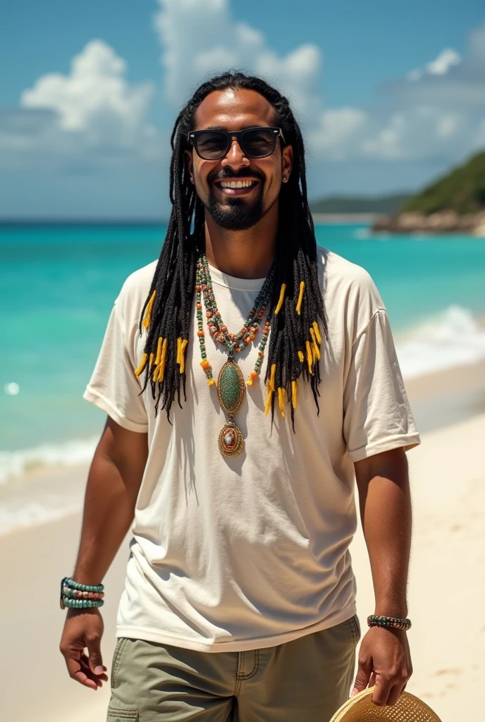 create the image of close-up of a street vendor on a beach in Venezuela. The vendor is a white American man, descendant of Spanish Canarians, with a builtfat type of body, he is a bit fat, he has slim arms, a product of sun and exercise. His face shape is rectangle type. His long, thick , straight black hair is delicately braided and adorned with fine yellow highlights that contrast with his tanned skin. His hairline type is rectangular shaped. He has Neither beard nor moustache . His eyes are protected by modern sunglasses, which give him a relaxed and carefree air. His clothing is casual and summery: beach shorts that reveal his thick and slightly muscular legs and a loose t-shirt, ideal for the tropical climate. His appearance conveys positive energy and a relaxed lifestyle. The colorful braids and handmade accessories complement his bohemian look and connected with nature. He is around 30 years old, he is an extroverted person, with a free and adventurous spirit. His job as a seller of handmade jewelry suggests an artistic sensibility and a deep respect for nature, since his products are made with organic materials such as snails. The place where he sells is a paradisiacal beach, with fine white sand, the turquoise sea stretching to the horizon. The sun shines brightly, creating a warm and welcoming atmosphere. A gentle sea breeze caresses the skin and the sound of the waves breaking on the shore accompanies the scene. The seller walks at a leisurely pace along the shore of the beach, leaving footprints in the sand. His bare feet feel the soft texture of the sand as he looks out to sea. In one hand he carries a colorful tray with his handmade creations, necklaces and shell bracelets, which he proudly displays to potential buyers. His other hand gently swings a straw hat, which protects his face from the sun. Tourists strolling along the beach are attracted by his unique and original products, stopping to admire his creations and chat with the seller.