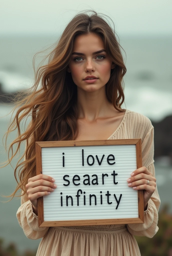 Beautiful girl with wavy long hair, bohemian dress, holding a white board with text "I Love Seaart Infinity" and showing it to the viewer