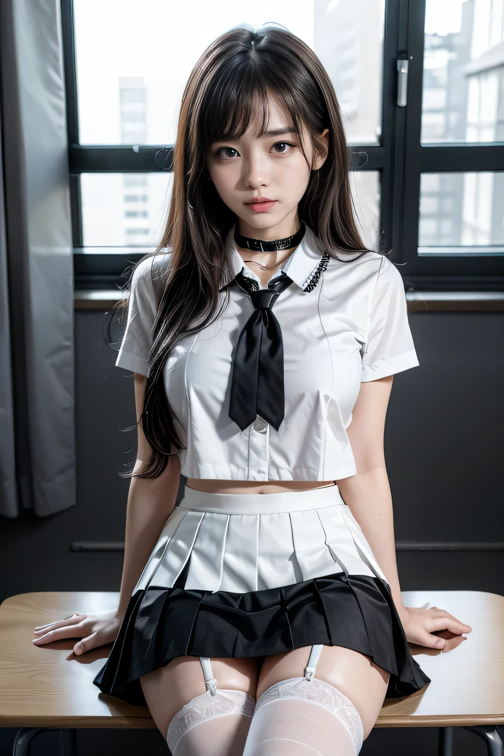 , School girl, white and black uniform, white and black skirt, black lace choker, white lace thigh highs, looking at viewer, class room background, sitting on desk, seductive, dark eyeliner, sexy eyeliner, 