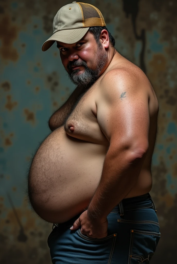 chubby fat mexican with facial hair wearing a trucker hat sexy shot upclose of his butt