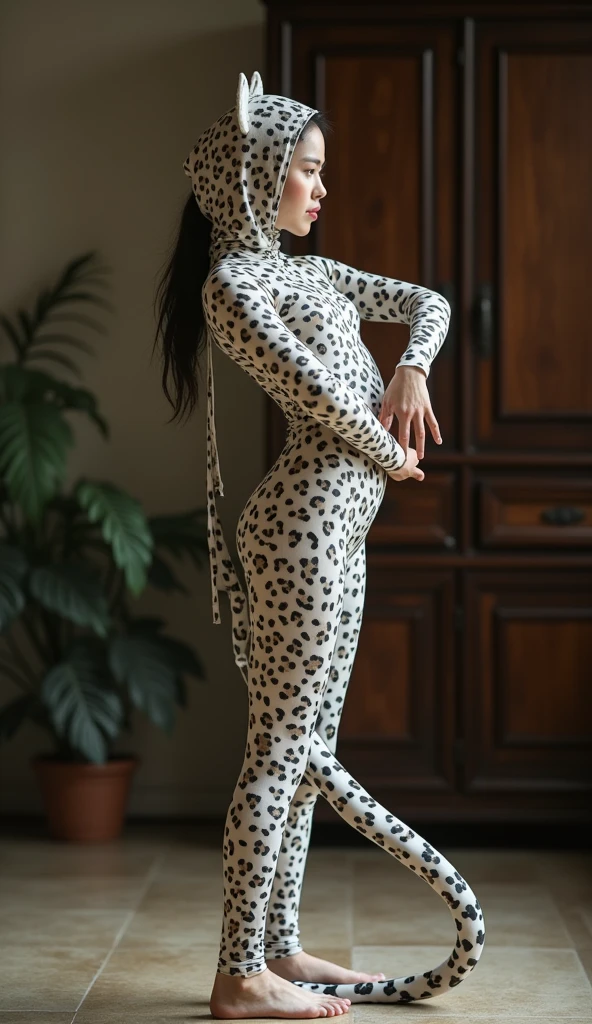 A most beautiful and thin 3 chinese contortion girl wearing a glasses wears white leopard Lycra footed turtleneck unitard catsuit covered with seamless black leopard paterns with a leopard tail.She always wear Lycra dancewear hijab-like hood with ears.She has beautiful cheeks on her face.She is take part for contortion performance.She performs contortion in the house.She is my pet animal but looks like a pet animal.