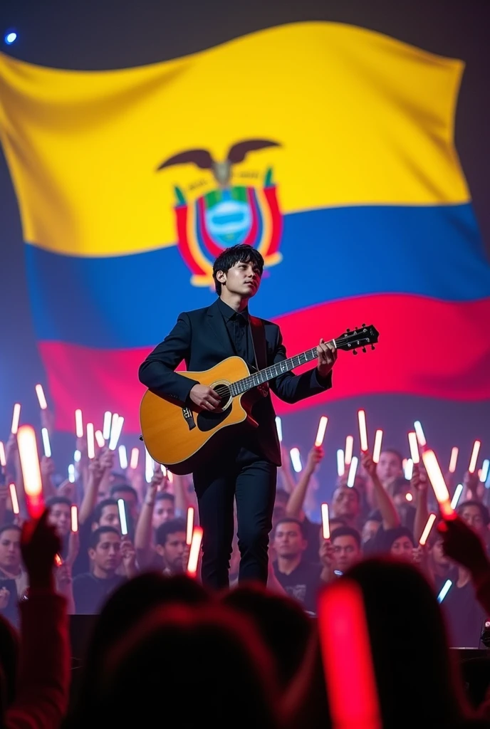 Suga from bts with a guitar on stage in the background with the flag of Ecuador and people with the armybomb