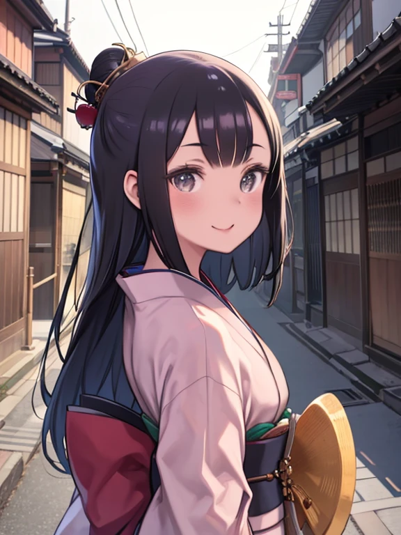 One Woman、Walking through the streets of Kyoto、geisha、Maiko、Kimono、smile、Black Hair、long hair、Watching the audience、Angle from the front、Upper Body、