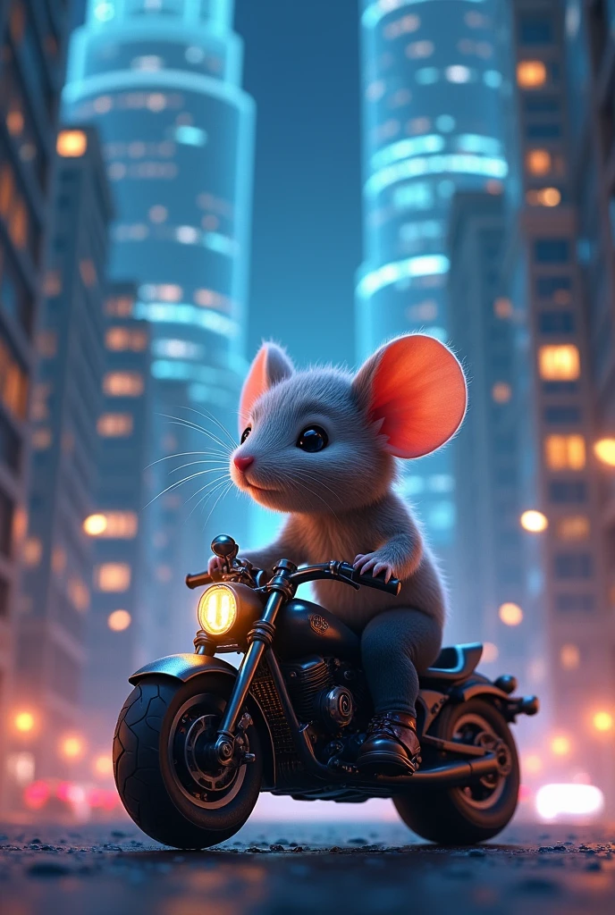 A mouse on a motorcycle and behind it glowing skyscrapers and beautiful in the night 