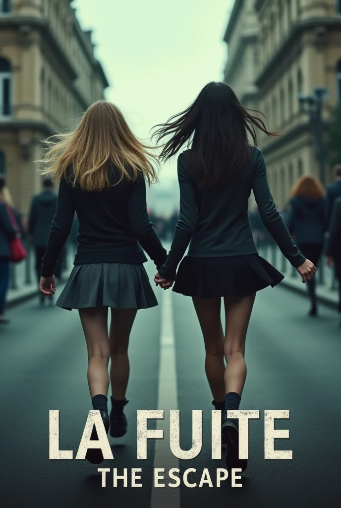 Fais moi une affiche de film avec un titre en bas qui est écris "la fuite". Et sur l'affiche de film deux adolescentes une blonde avec une tenue sombre avec une jupe, et une brune avec une jupe noir et une tenue sombre et les deux filles court comme si elle fuyait en se tenant la main dans un grand boulevard. Sur l'affiche on voit les deux filles de moins mais pas trop et de dos 