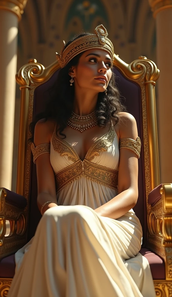 Close-up shot, Low angle shot, (Cleopatra, a striking woman with olive skin, almond-shaped eyes lined with kohl, and a crown of gold and jewels, sits on a grand, gilded throne. Her expression is confident yet contemplative. She wears a flowing white linen gown with intricate gold embroidery. The throne room is lavish, with towering columns, rich tapestries, and a view of the Nile River in the background.) unreal engine, cinematic, hyper-real, highly detailed, Ultra realistic HD --q 2 --v 6.1 --ar 9:16  