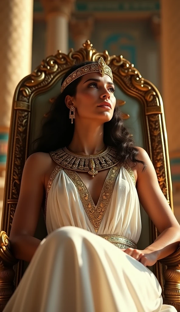 Close-up shot, Low angle shot, (Cleopatra, a striking woman with olive skin, almond-shaped eyes lined with kohl, and a crown of gold and jewels, sits on a grand, gilded throne. Her expression is confident yet contemplative. She wears a flowing white linen gown with intricate gold embroidery. The throne room is lavish, with towering columns, rich tapestries, and a view of the Nile River in the background.) unreal engine, cinematic, hyper-real, highly detailed, Ultra realistic HD --q 2 --v 6.1 --ar 9:16