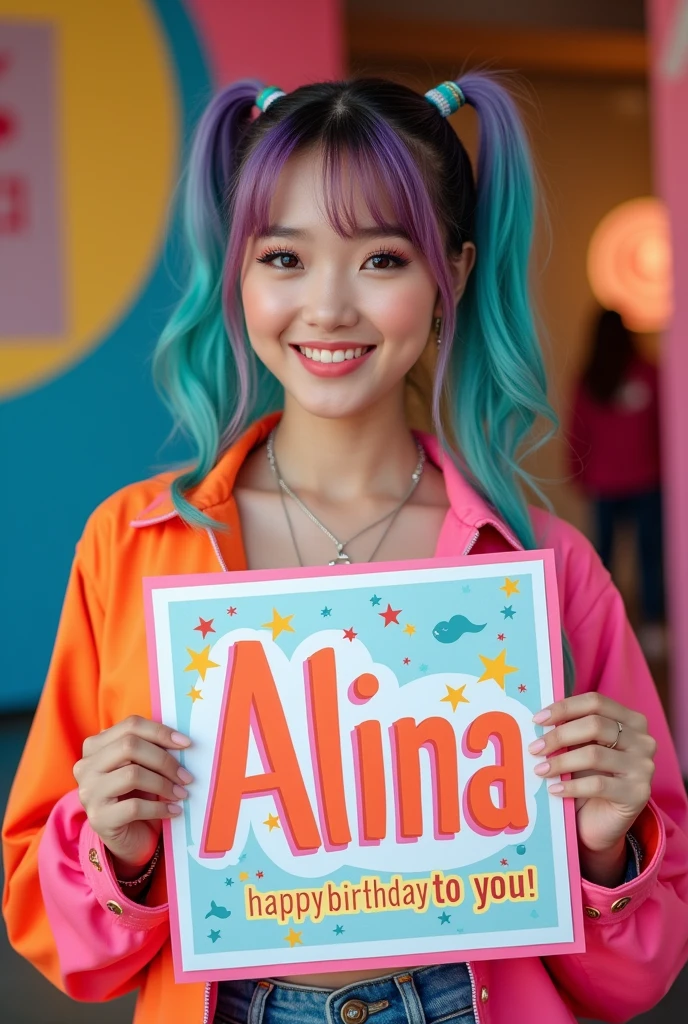 Photo of a girl in k-pop style, who holds a poster with the inscription "Alina, happy birthday to you!"