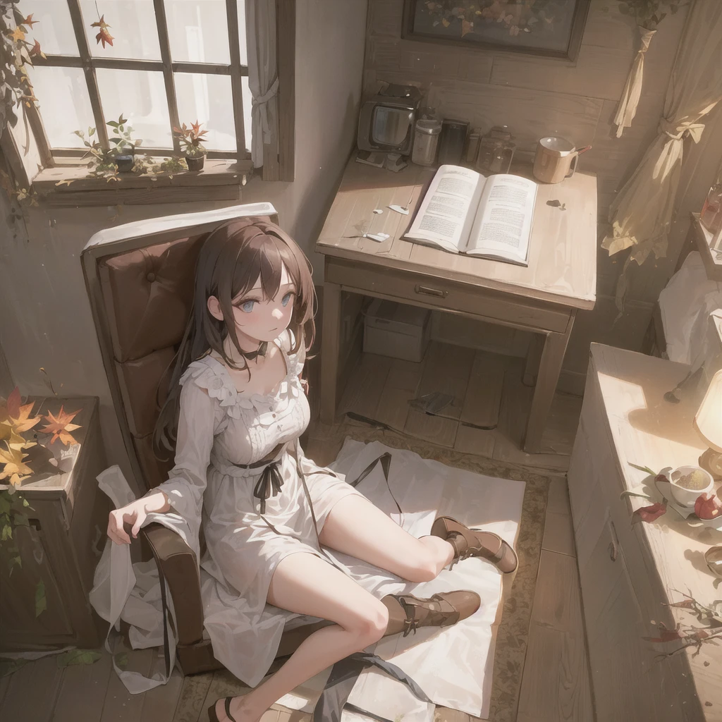 a girl sitting on a chair, (holding a book), contemplative expression, autumn scenery through a window, warm lighting, detailed  features, realistic, 1 girl, glasses, windblown hair, detailed dress, soft focus, cinematic mood, beautiful detailed eyes, beautiful detailed lips, extremely detailed eyes and face, longeyelashes, autumn leaves, cozy interior, warm color palette, soft lighting, introspective pose, (best quality,4k,8k,highres,masterpiece:1.2),ultra-detailed,(realistic,photorealistic,photo-realistic:1.37)