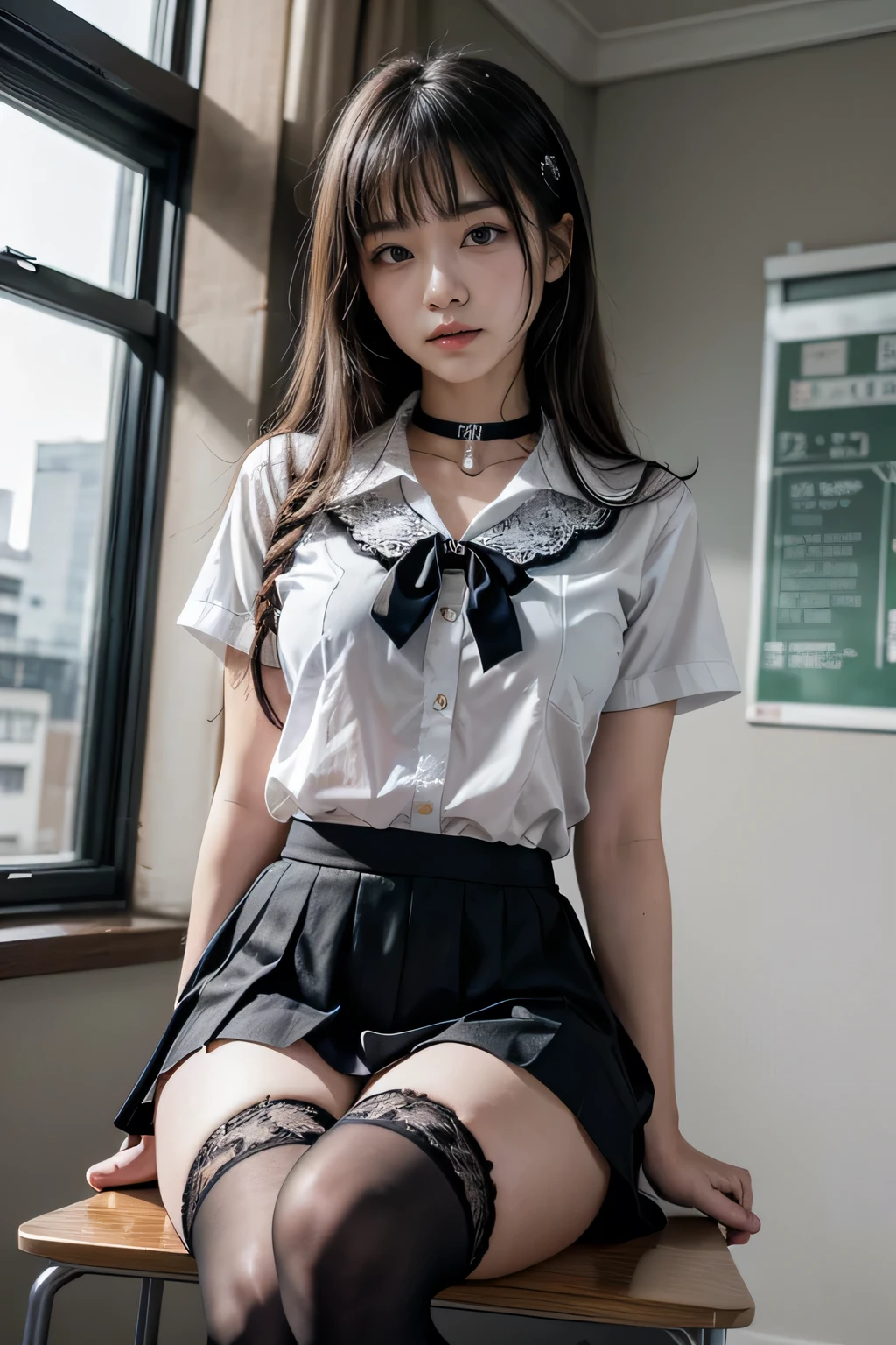 , School girl, white and black uniform, white and black skirt, black lace choker, white lace thigh highs, looking at viewer, class room background, sitting on desk, seductive, dark eyeliner, sexy eyeliner, 