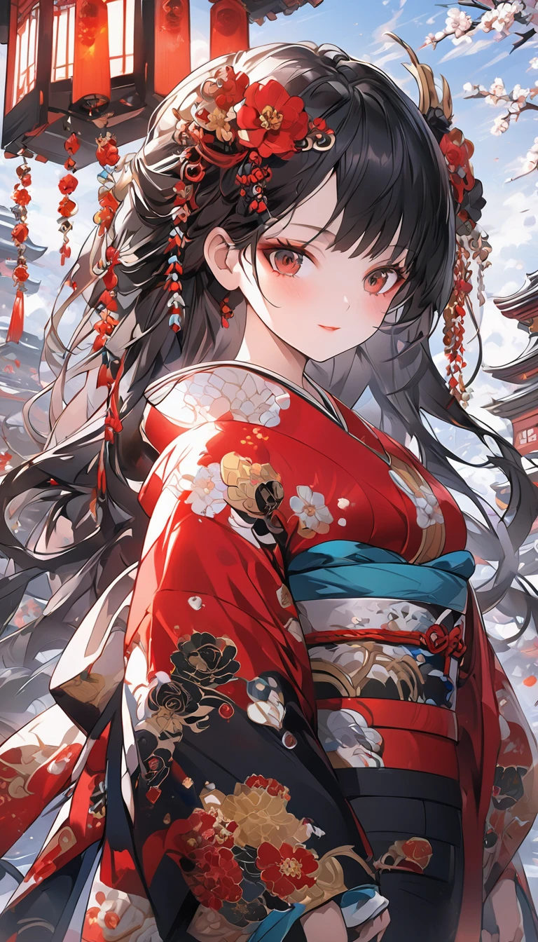 masterpiece, anime girl in kimono, (((kimono with red, gold and black flower details))), (((flower decorations in hair))) red flowers and lanterns, Japanese temple background, (((ornaments and background with red, black and gold details))), anime art wallpaper 4k, anime art wallpaper 8 K, anime style 4k, 4k anime wallpaper, 4k anime wallpaper, guweiz, beautiful animework art, beautiful anime art, beautiful anime girl, long hair, jet black hair, guweiz masterpiece