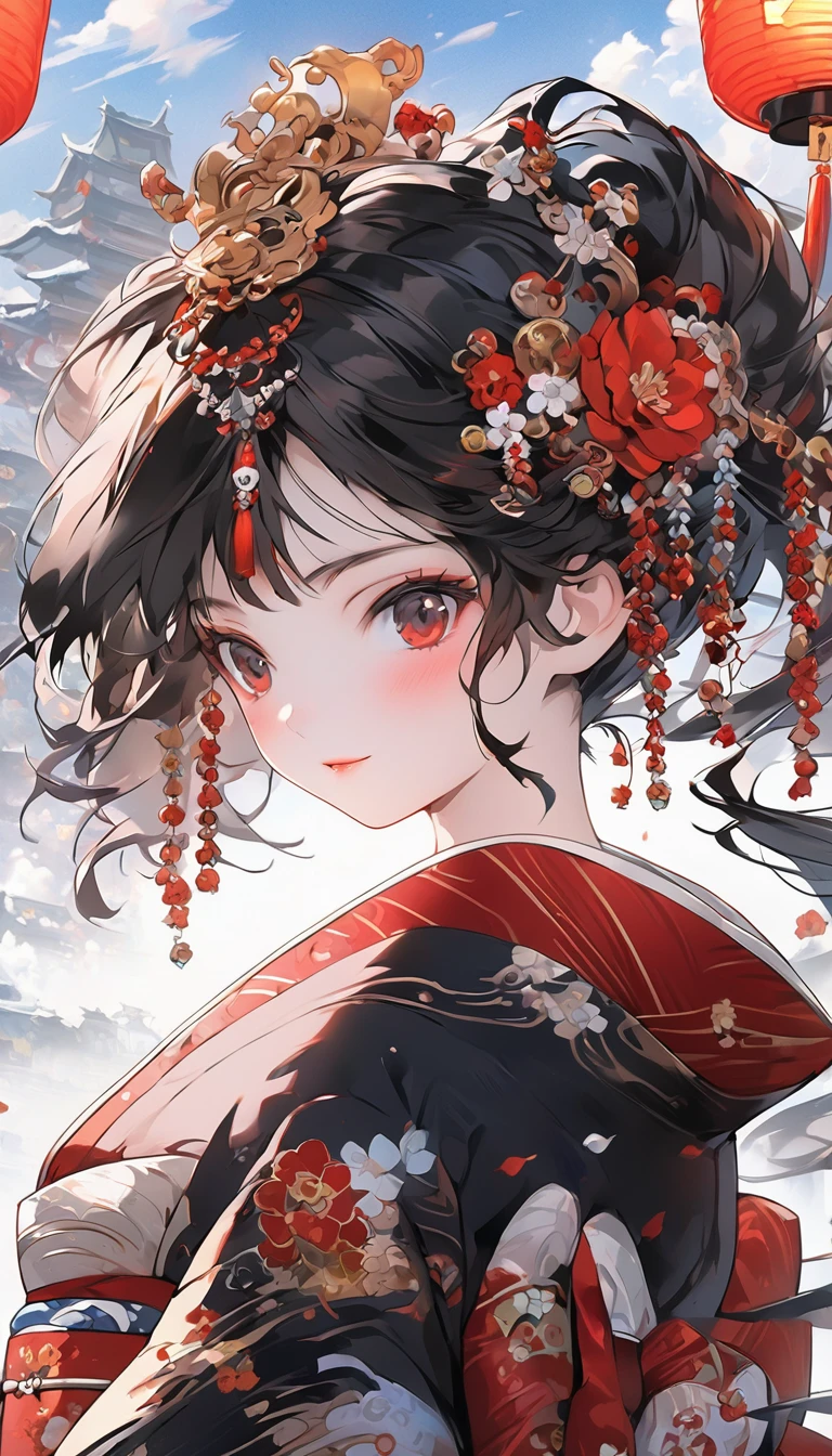 masterpiece, anime girl in kimono, (((kimono with red, gold and black flower details))), (((flower decorations in hair))) red flowers and lanterns, Japanese temple background, (((ornaments and background with red, black and gold details))), anime art wallpaper 4k, anime art wallpaper 8 K, anime style 4k, 4k anime wallpaper, 4k anime wallpaper, guweiz, beautiful animework art, beautiful anime art, beautiful anime girl, long hair, jet black hair, guweiz masterpiece