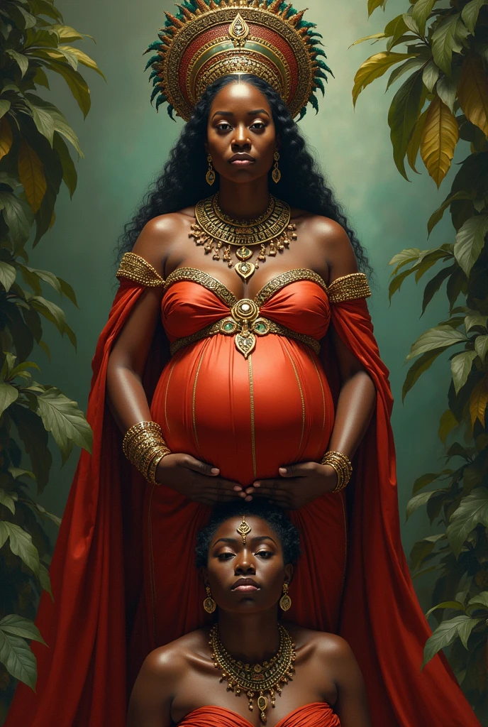 a victorian african queen, pregnant, fat and beautiful nude, pregnant breasts, standing on top of a defeated german caucasian queen who is lying down, (best quality,4k,8k,highres,masterpiece:1.2),ultra-detailed,(realistic,photorealistic,photo-realistic:1.37),intricate details,dramatic lighting,cinematic composition,vibrant colors,oil painting,highly detailed face and eyes,long eyelashes,cinematic lighting,ornate jewels,elaborate headdress,flowing dress,dynamic pose,dramatic shadows,lush vegetation,detailed background