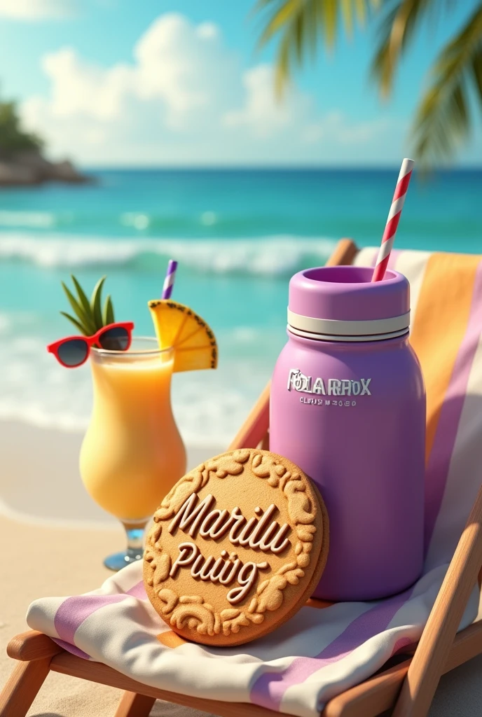 A cookie with relief has Marilu Puig written on it, sitting on the beach in a chair with sunglasses on, next to it there is a piña colada, next to it there is a purple ice cellar and the ice cellar has polarbox written on it