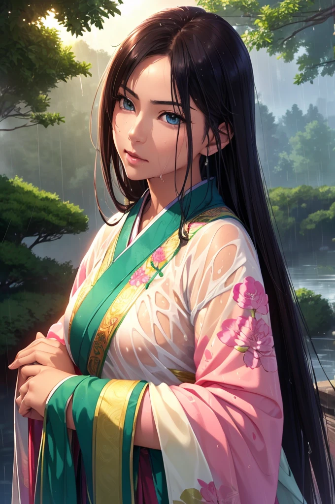 Heavy rain background、Field、in the forest、Walking in the river、On the run、In the fog、war (Highest quality,4K,8k,High resolution,masterpiece:1.2), Very detailed, (Realistic,Realistic,Realistic:1.37), High resolution, Hyper HD, Studio Lighting, Ultra-fine painting, Sharp focus, Physically Based Rendering, Very detailed説明, Professional, Vibrant colors, Bokeh, Sports Late Night, Ancient War Landscapes, Traditional Chinese Painting Techniques, Atmospheric lighting, Vivid color contrast, Ethereal atmosphere,Very detailed目と顔, Beautiful attention to detail, Light on the face,豪華なHanfu (Hanfu: 1.1),My whole body is wet、My clothes are wet and transparent、Nipples are visible、The nipples are pale pink、Dynamic pose、Rain clouds spreading across the sky、Heavy rain weather、Pouring rain、Wind and rain storm、((Soaked skin from head to toe))、((Rain-soaked clothes(Rain dripping from clothes))、((The lines of your body are clearly visible through your wet clothes...))、、Green Eyes、Tired look、Disheveled clothing、Slim figure、Small breasts