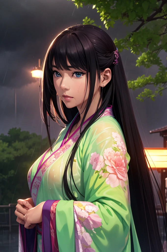 Heavy rain background、Field、in the forest、Walking in the river、On the run、In the fog、war (Highest quality,4K,8k,High resolution,masterpiece:1.2), Very detailed, (Realistic,Realistic,Realistic:1.37), High resolution, Hyper HD, Studio Lighting, Ultra-fine painting, Sharp focus, Physically Based Rendering, Very detailed説明, Professional, Vibrant colors, Bokeh, Sports Late Night, Ancient War Landscapes, Traditional Chinese Painting Techniques, Atmospheric lighting, Vivid color contrast, Ethereal atmosphere,Very detailed目と顔, Beautiful attention to detail, Light on the face,豪華なHanfu (Hanfu: 1.1),My whole body is wet、My clothes are wet and transparent、Nipples are visible、The nipples are pale pink、Dynamic pose、Rain clouds spreading across the sky、Heavy rain weather、Pouring rain、Wind and rain storm、((Soaked skin from head to toe))、((Rain-soaked clothes(Rain dripping from clothes))、((The lines of your body are clearly visible through your wet clothes...))、、Green Eyes、Tired look、Disheveled clothing、Slim figure、Small breasts