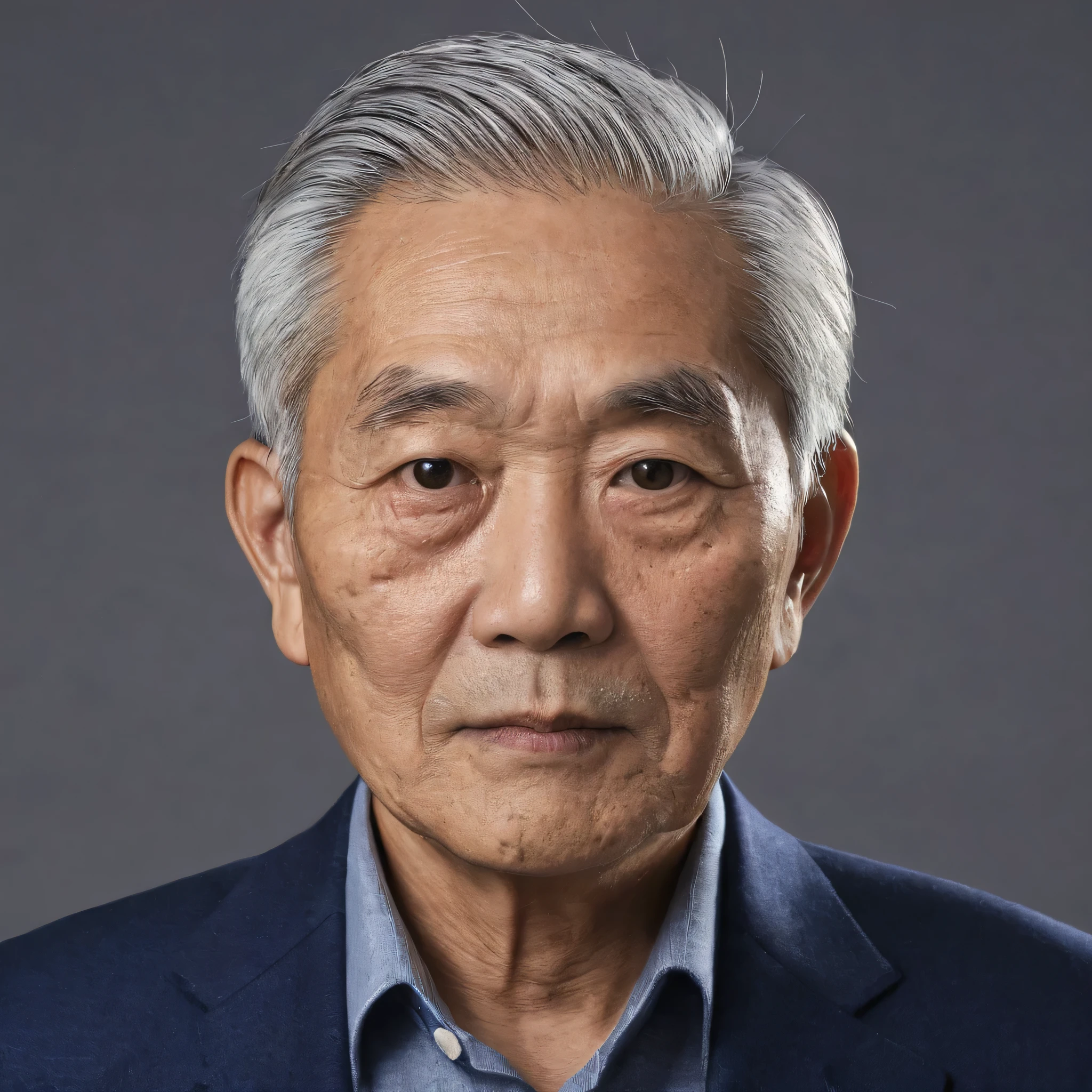 photo of an (asian) old man with a grey hair and a dark blue suit, portrait, color portrait, profile portrait, single portrait, simple background looking at viewer