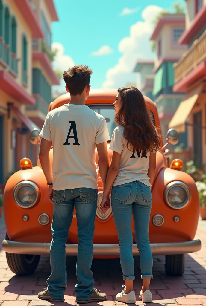 Man and woman in front of an animated car with their t-shirts and initials A and M