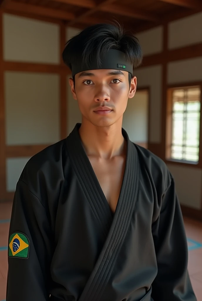 Features for AI to generate a photo:
(real-life)
with 18 years, he has white smooth skin a little tanned like a teenager without a beard, black hair that isn't like Ralph Maccio's in Karate 1, he is very handsome, wearing a black Cobra Kai kimono and a black band on the forehead on the shoulder part of the kimono has a flag of ๐ง๐ท. he's brunette, and he is Brazilian ๐ง๐ท, has brown eyes. The background is a karate environment, like a dojo with tatami mats and traditional decor.