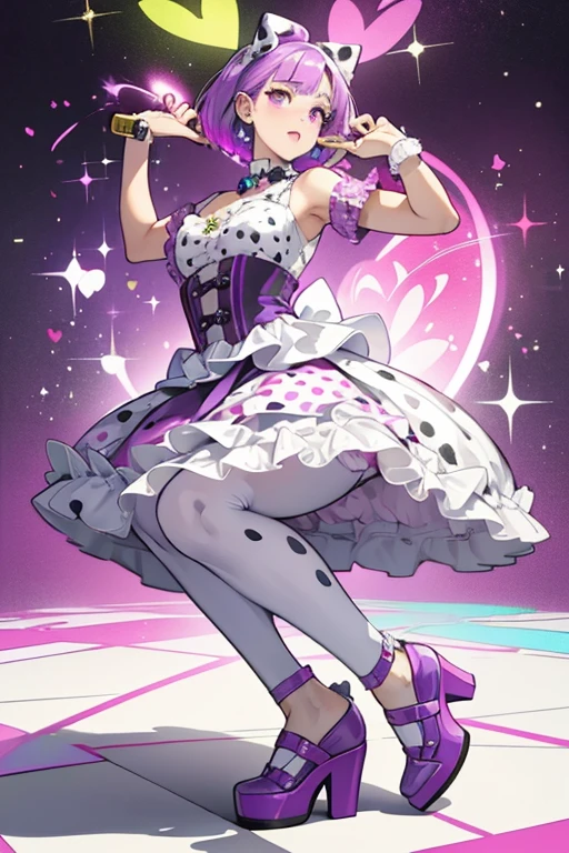 Dessa is a white dalmatian with purple heart spots, purple and white ears, and magenta hair.
 She wears a green top with the phrase "woof woof." Her skirt is pink and yellow and covered in multi-colored dog bones, hearts, and pay prints.
She comes with a purple shoes. SPARKLE; GLITTER