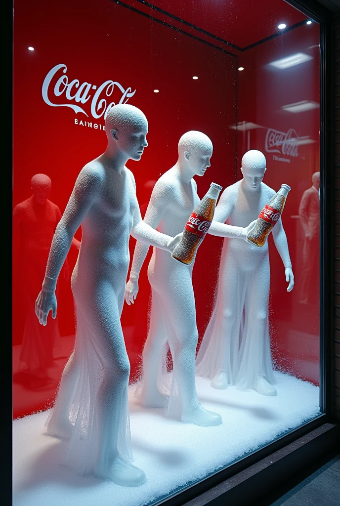 Super refreshing Coca Cola store window where mannequins freeze it when they touch the bottle 