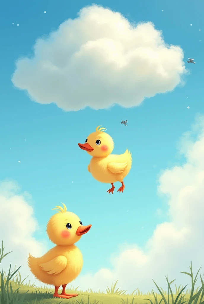 El patito y THE CLOUD

Un día, A little duck called Pato saw a cloud in the sky that looked like a big white pillow.. He decided to try to fly to her to rest.. Duck jumped and flapped his wings with all his might., but I couldn&#39;t get that high.

So, THE CLOUD, watching Pato&#39;s effort, He went down a little to meet him. Pato se posó suavemente en THE CLOUD, which took him for a walk in the sky. Since then, Every time Pato looked at the sky, sonreía al recordar su vuelo con THE CLOUD amiga.
In eight images, that story, please 