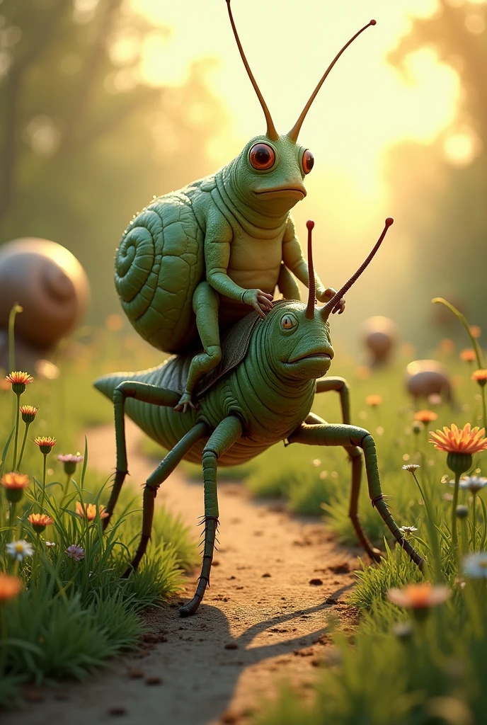 A slug riding on a grasshopper across a bicycle path. Grasshopper and snail give hero vibes . Secondary characters are old wise snails