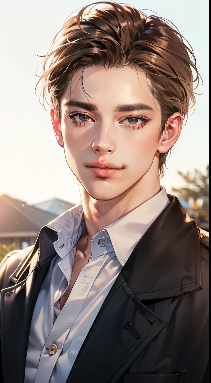 a handsome mature man, 2, with a charming and calm expression, short dark brown hair swept to the right, thick eyebrows, dark eyes, a closed-mouth smile, extremely detailed face, cold smile, portrait, western, jewish, light brown skin, best quality, realistic, (best quality,4k,8k,highres,masterpiece:1.2),ultra-detailed,(realistic,photorealistic,photo-realistic:1.37)