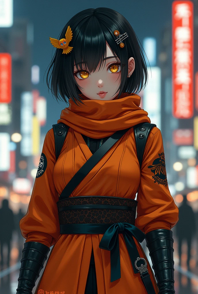 (Artwork of exceptional craftsmanship),(Detailed illustrations,(Art based on a very ideal anatomy),Very detailed and detailed drawing,Delicate lines with slow and rapid,(Realistic texture expression)),[Color tressed main line],[Shinjuku background at night],( ANIME) (Japanese NINJA Girl (Beauty) 15yo snt) and muscular [Slim & fit body], Short Bob Cut,([hornet] Orange Ninja Battle Armor) scarf [stall] ((Fitting rubber inner) [honeycomb] [edg]) hair adornments (Dull metallic luster:0.8avure [KUNOICHI],(Perfectly proportioned),(Fine and beautiful skin expression [realistic skin detail]),(Design built to the highest level,[Advanced structural understanding of materials],Ideal color coordination),(Intricate and beautiful decoration (Dense detail)),(More on shiny hair),[Perfect hand details],(Beautiful perfect face [Realistic face details]),[Clear gaze],[long and beautiful eyelashes], yellow eyes, yellow irises, [Perfect eye details (Eyes beautifully drawn down to the smallest detail)],(detaileds,high-detail),((Precision Detail),[multi-layer texture],HighQuality,hight resolution),[(Accurate simulation of light-material interactions),ng Airflow,Mechanically correct representation],[Visual art that conveys a sense of narrative] [Full body like], thigh gap,[[Desaturation]].