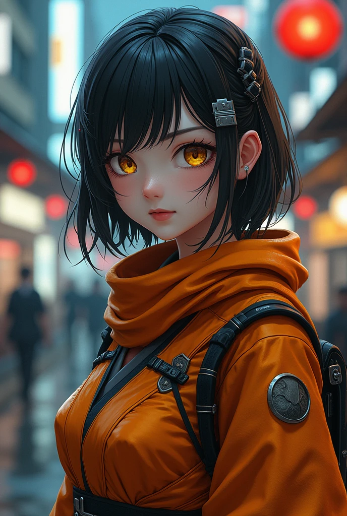 (Artwork of exceptional craftsmanship),(Detailed illustrations,(Art based on a very ideal anatomy),Very detailed and detailed drawing,Delicate lines with slow and rapid,(Realistic texture expression)),[Color tressed main line],[Shinjuku background at night],(HENTAI ANIME) (Japanese NINJA Girl (Beauty) 15yo student) and muscular [Slim & fit body], Short Bob Cut,([hornet] Orange Ninja Battle Armor) scarf [stall] ((Fitting rubber inner) [honeycomb] [edg]) hair adornments (Dull metallic luster:0.8),gravure [KUNOICHI],(Perfectly proportioned),(Fine and beautiful skin expression [realistic skin detail]),(Design built to the highest level,[Advanced structural understanding of materials],Ideal color coordination),(Intricate and beautiful decoration (Dense detail)),(More on shiny hair),[Perfect hand details],(Beautiful perfect face [Realistic face details]),[Clear gaze],[long and beautiful eyelashes], yellow eyes, yellow irises, [Perfect eye details (Eyes beautifully drawn down to the smallest detail)],(detaileds,high-detail),((Precision Detail),[multi-layer texture],HighQuality,hight resolution),[(Accurate simulation of light-material interactions),Understanding Airflow,Mechanically correct representation],[Visual art that conveys a sense of narrative] [Full body like], thigh gap,[[Desaturation]].