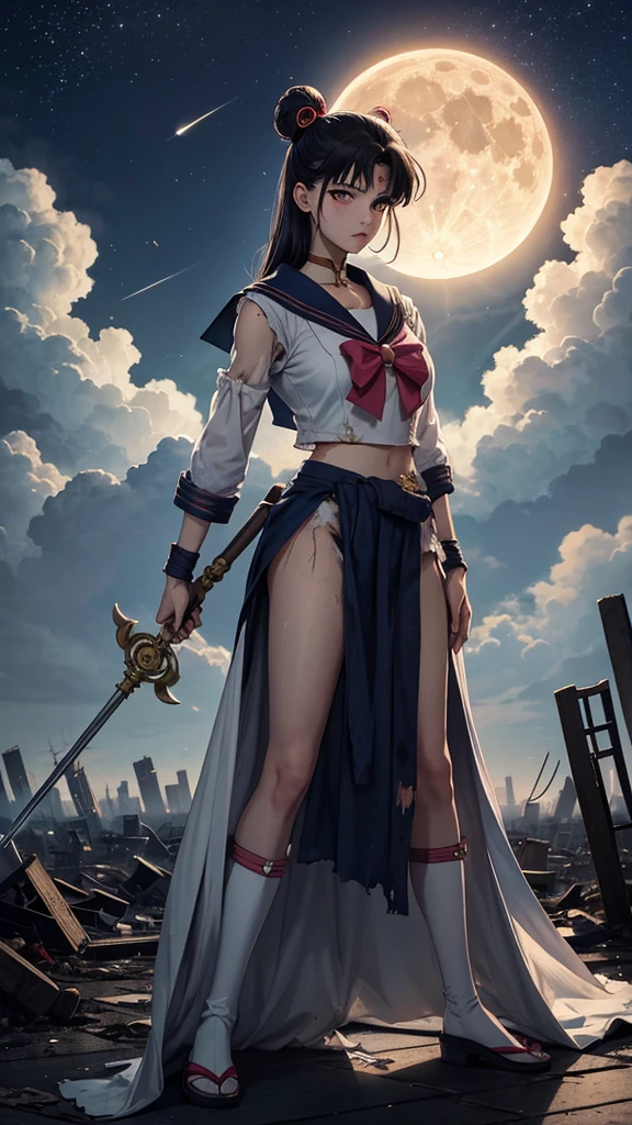 Sailor Moon standing in the middle of a devastated Tokyo, with ruined buildings and the dark sky in the background. His traditional attire is dirty and torn, but his gaze is determined. The full moon shines through the clouds as she holds her Lunar Scepter tightly, ready to protect what&#39;s left of the city