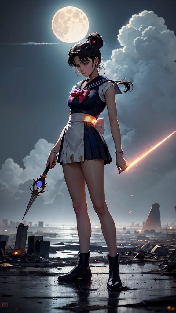 Sailor Moon standing in the middle of a devastated Tokyo, with ruined buildings and the dark sky in the background. His traditional attire is dirty and torn, but his gaze is determined. The full moon shines through the clouds as she holds her Lunar Scepter tightly, ready to protect what's left of the city