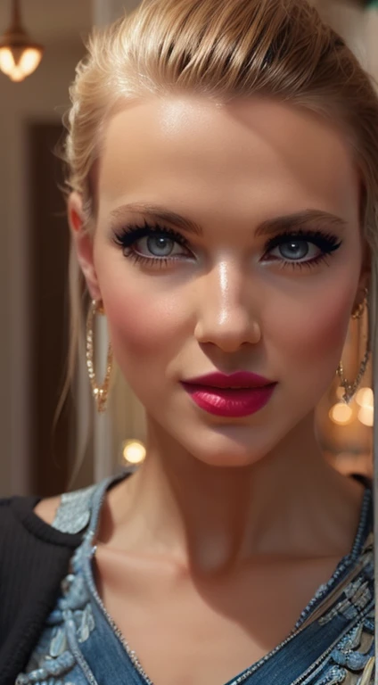 detailed woman face looking at the camera, blue eyes, hot thick red lips, mouth parted with sensuality, correct deformed fingers, photorealistic, sharpened eyes