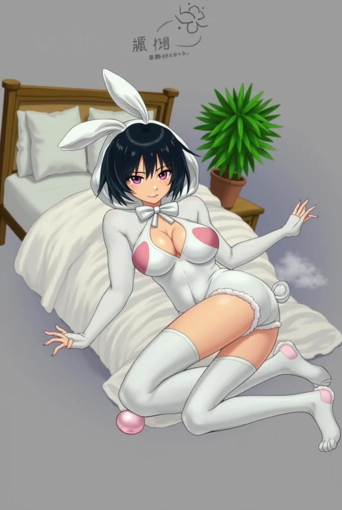 anime sexy boy, Wearing a sexy bunny bodysuit costume with a bow tie And big thighs inside Socks