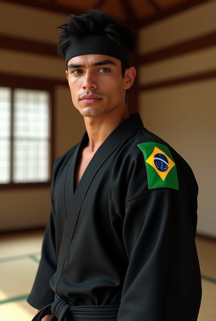 **Features for AI to generate a photo:**
(real-life)
with 18 years, he has white smooth skin a little tanned like a teenager without a beard, black hair that isn't like Ralph Maccio's in Karate ??? 1, he is very handsome, wearing a black Cobra Kai kimono and a black band on the forehead on the shoulder part of the kimono has a flag of 🇧🇷. he's brunette, and he is Brazilian 🇧🇷, has brown eyes. The background is a karate environment, like a dojo with tatami mats and traditional decor.