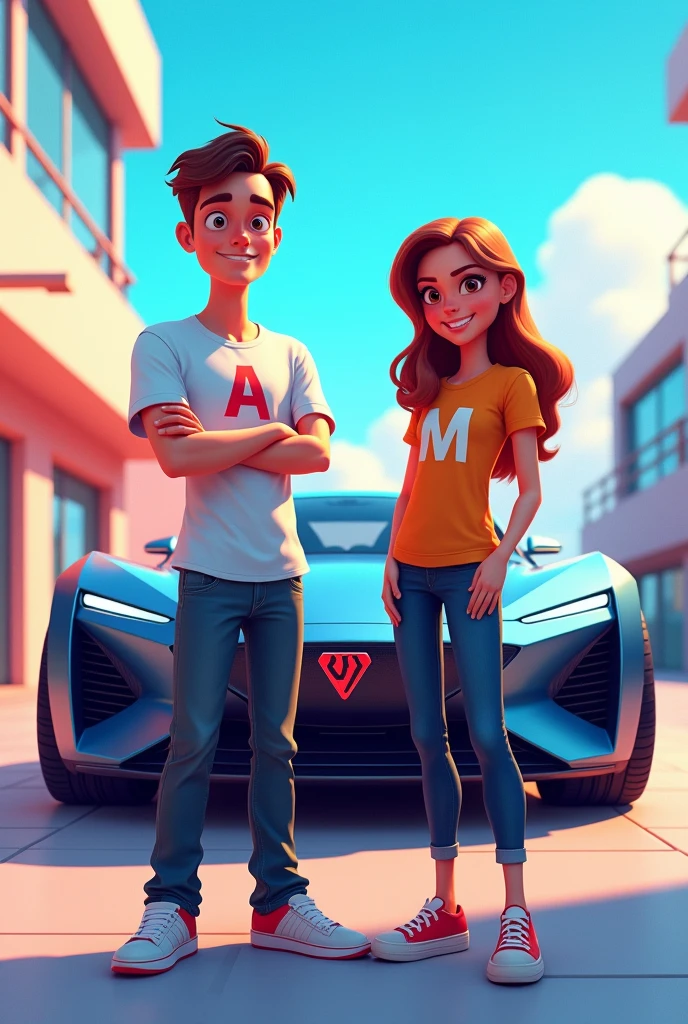 Man and woman in front of a modern animated car with their t-shirts and initials A and M looking at the camera