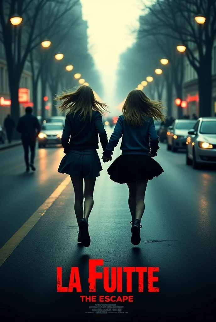 Fais moi une affiche de film avec un titre en bas qui est écris "la fuite". Et sur l'affiche de film deux adolescentes une blonde avec une tenue sombre avec une jupe, et une brune avec une jupe noir et une tenue sombre et les deux filles court comme si elle fuyait en se tenant la main dans un grand boulevard. Sur l'affiche on voit les deux filles de loins et de dos