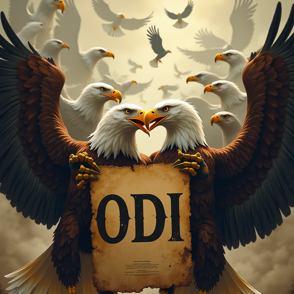 Ten kissing eagles holding an old poster with the name ODI in capital letters, in the background thousands of eagles flying and many eagles