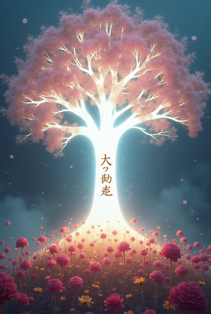 tree of white light with bright flowers on the sides, near the roots in the center the word "indra" is written in luminous serif letters