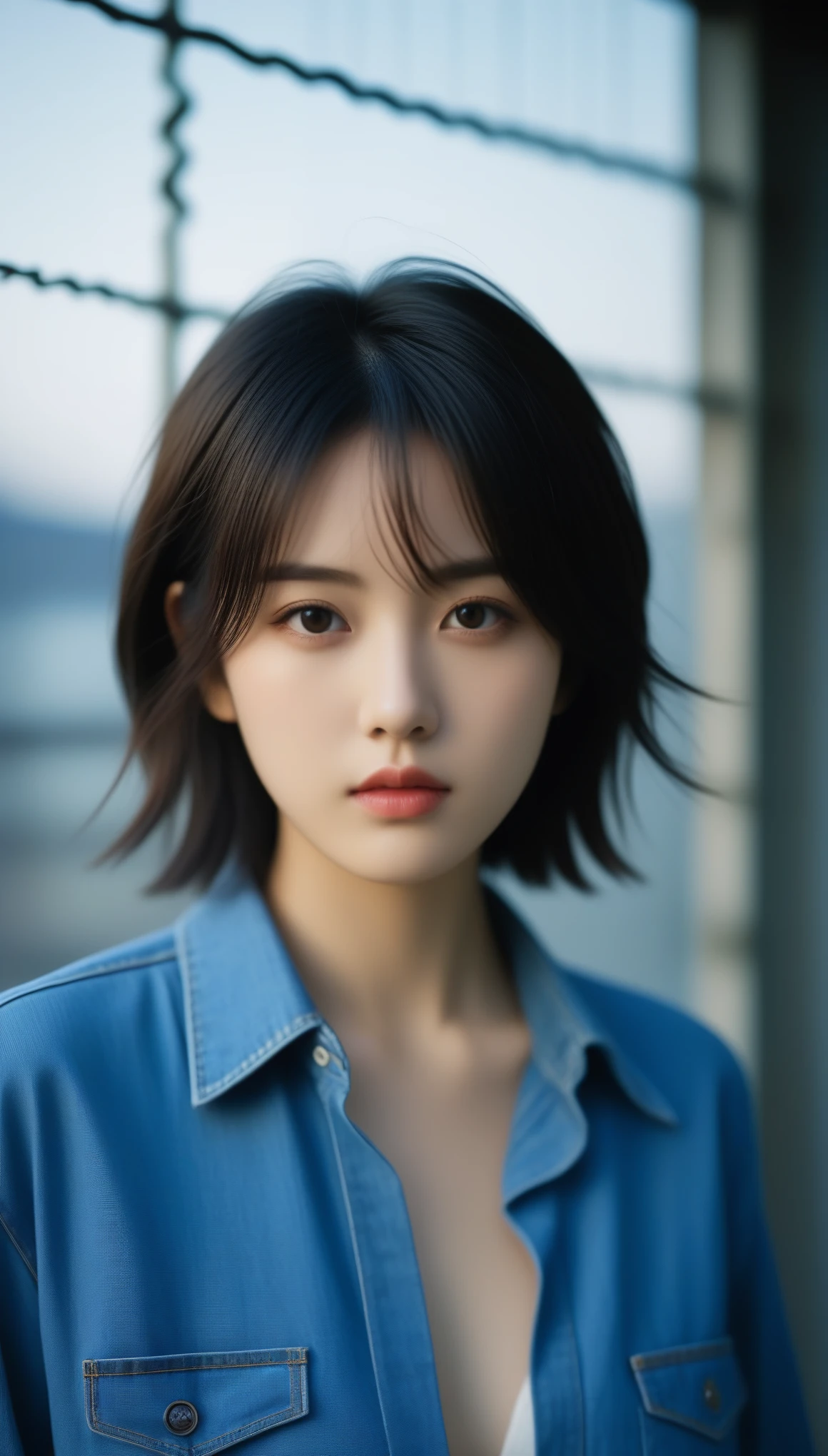 8k, Ultra-high resolution, Highest quality, masterpiece, 三分割法によるphotograph,Surreal, photograph, 1 , (:1.3), cute, cute顔, 細部までBeautiful Eyes, 細かくdetailedに,masterpiece,One Girl:1.2,Japanese women,student,cowboy shot,glaring,Black short hair,messy hair,from side,(Denim shirt:1.3),Leaning against the wire mesh,Glare,Blue Collar,Factory wall,Bleach Bypass,(Beautiful attention to detail),Subtle details, detailedな顔,anger,Attractive eyes,(ポートレートphotograph:1.4),(Photorealistic images:1.4),Fantasy art,(Beautiful Face:1.4),美しくAttractive eyes、Beautiful Eyes,(Tight waist:1.4)、(Beautiful with perfect body proportions:1.4),Pink Lips,profile,(((Ideal body type))),A-cup small breasts :2,、Portraiture:2、Perfect Anatomy、鮮明なdetailed、detailed,Fashion magazine cover,Thin lips,完璧でBeautiful Face ,完璧でcute顔, Skin with attention to detail, Perfect limbs、Narrow waist,Surreal,Light and shadow,backlighting