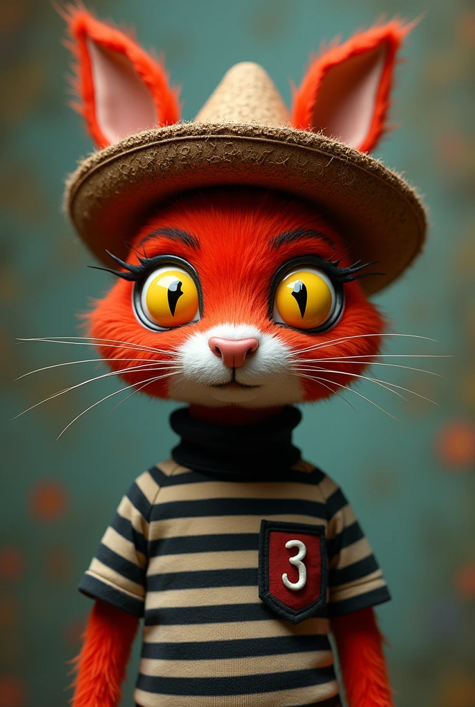 Short hair red rabbit puppet, The tips of the ears are square with completely yellow eyes with a black and white striped turtleneck shirt with a small pocket at chest height with the inscription "31" with a Peruvian hat and coca leaf