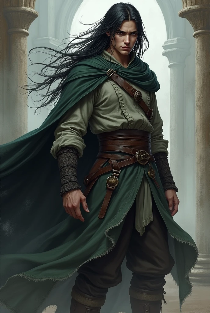Create a character, who is 169cm tall and weighs 59kg, has a robust and well-defined physical appearance. They have small, dark brown eyes., the size of his eyes conveys an air of seriousness, her hair is black and straight, medium-long in length. Finally, the character wears medieval clothing and has the ability to manipulate the wind.