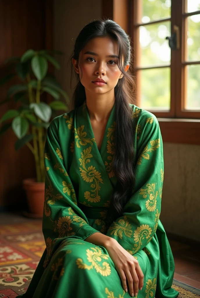 a beautiful Indonesian woman,1girl,sitting,green kemben,green batik sarong,traditional Indonesian house,morning light,serious expression,(best quality,4k,8k,highres,masterpiece:1.2),ultra-detailed,(realistic,photorealistic,photo-realistic:1.37),natural lighting,intricate details,highly saturated colors,dramatic shadows,warm tones,cinematic composition