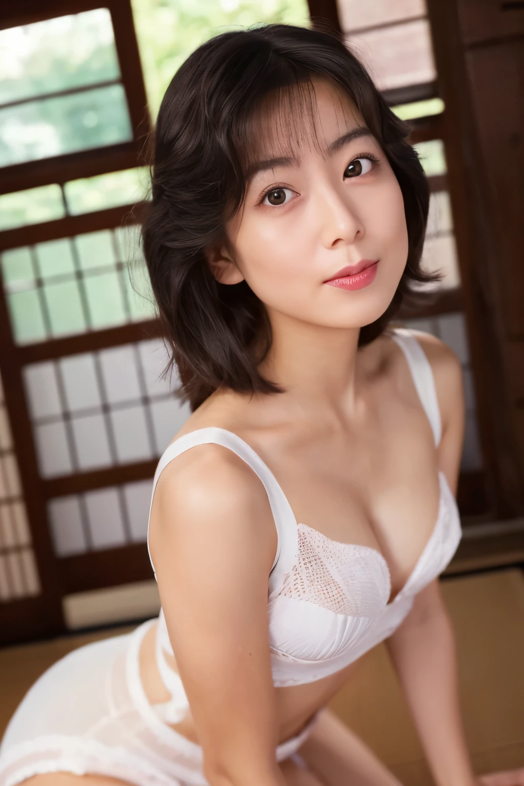 Masterpiece, photogravure, highest quality, clear contours, (One Girl, alone), Japanese woman, 30 years old, lipstick, cute face, detailed face, beautiful eyes, detailed eyes, focus on the eyes, bob hair, Anatomically correct body structure, wearing body-fitting costumes, getting on all fours, lifting butts, shot from the front