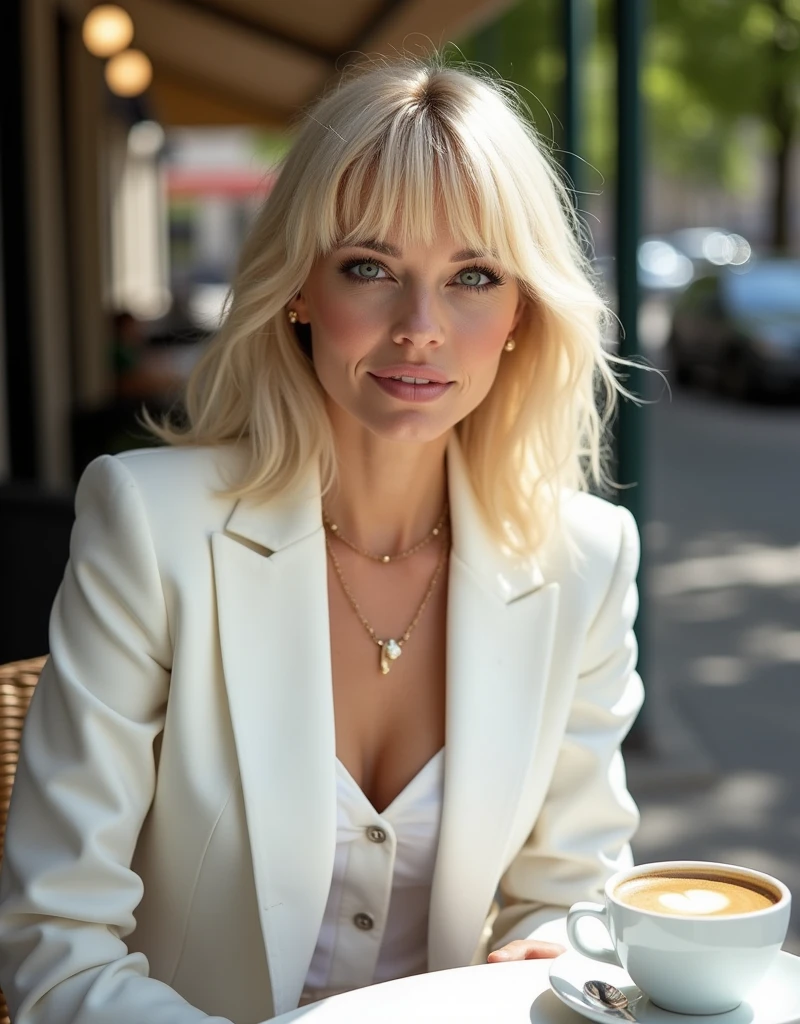(((best qualityer))), highly detailed, high resolution. 2 female, blondie hair, clear green eyes, fleshy lips, heavy makeup in this photo, a stunning blonde woman with a shaggy hairstyle with bangs, centred in image, is captured in an outdoor Parisian cafe. Her elegant smile and delicate necklace add a touch of sophistication to the scene., while the white business suit and a cup of coffee on the table suggest a busy day ahead. The style of fashion photography, with your use of f2.5 and 100mm lens, creates an impressively detailed and creative image that is sure to inspire.